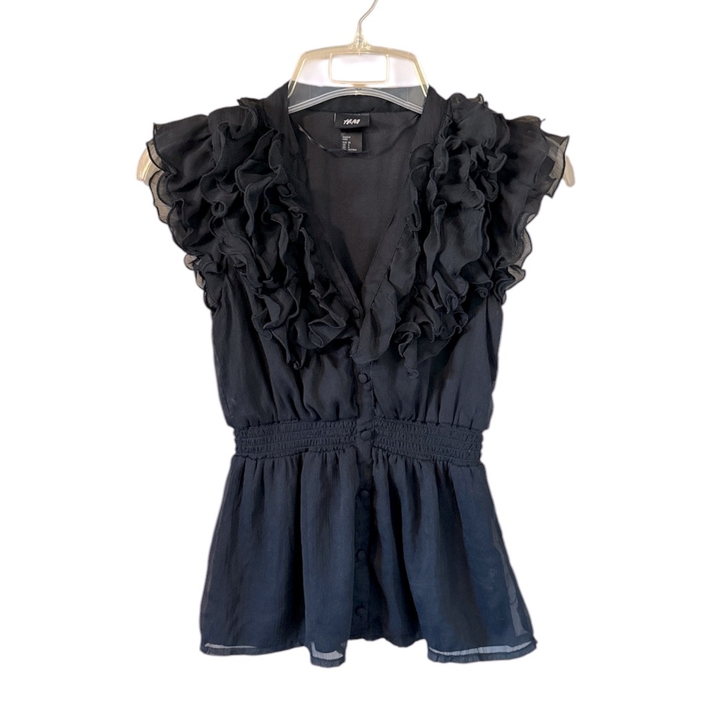 H&M Women’s Ruffle Vneck Black Blouse Color Blouse Size 4